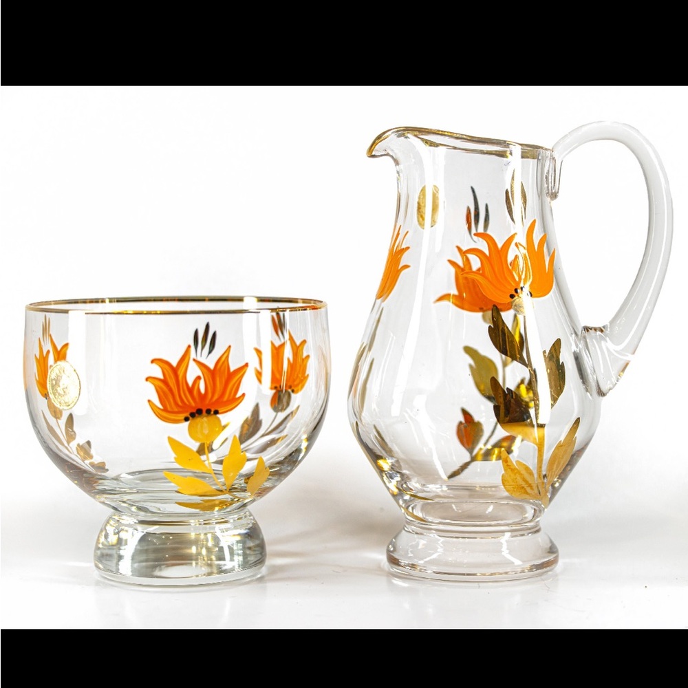 Floral Glass Pitcher and Bowl Set